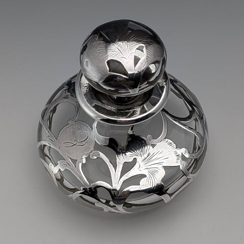 Antique American Art Nouveau Silver Overlay Glass Perfume Bottle, Alvin